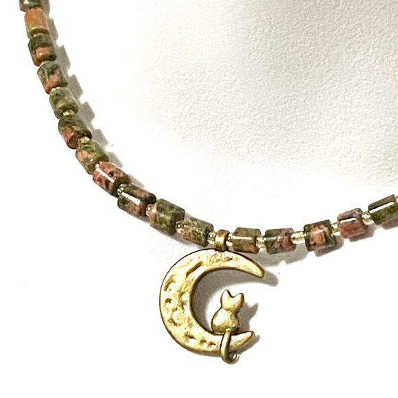 Unakite Stone Bronze Cat on the Moon Necklace, Genuine Gemstone Beaded Necklace - Picture 4 of 9